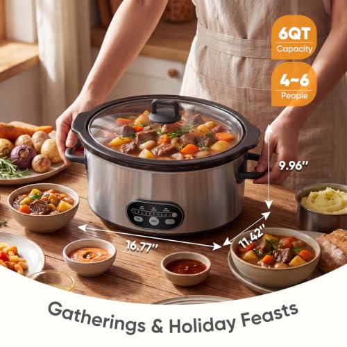 Image of NEWBULIG Slow Cooker 6 Quart, Large Slow Cooker, Ceramic Nonstick Coating, 3 Adjustable Temp Multi Cookers with Dishwasher Safe Stoneware Pot & Tempered Glass Lid, 35in Tangle Free Cord Wrap, Silver