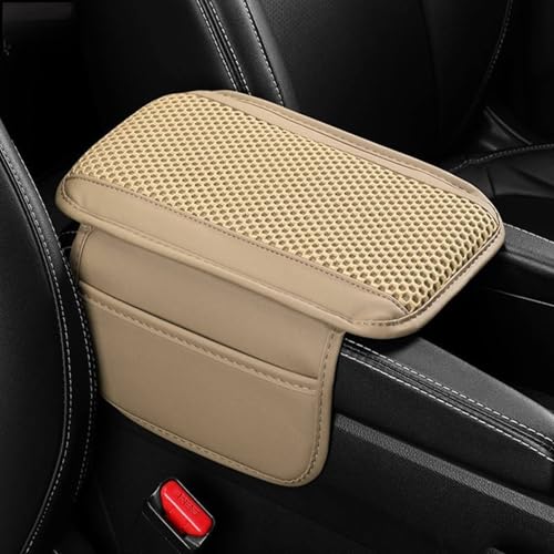 Image of DETACHI Car Center Console Armrest Cover Pad, PU Leather Mesh Armrest Cushion,Universal Fit for SUV /Truck /Car, Console Box Cover With 2 Mobile Pockets, Breathable Mesh Fabric Mat-(Beige, 31X18X2CM)