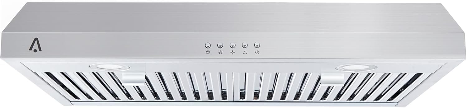 Range Hood 30 Inch Under Cabinet, Stainless Steel Stove Vent Hood, 300CFM, 3-Speed Exhaust Fan, Button Controls, LED Lights, Reusable Baffle Filters, Silver