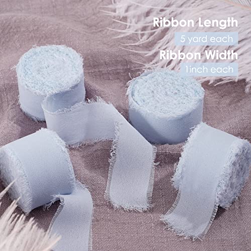 FAKILO Handmade Fringe Chiffon Ribbon 4 Rolls 1'' X 5 Yd Light Blue - Image 2