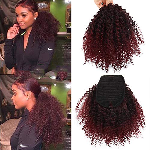 LEOSA Curly Ponytail Black Gradient Red Draw String Kinky Curly Ponytail African Hair Short Wrap Synthetic Ponytail Extensions