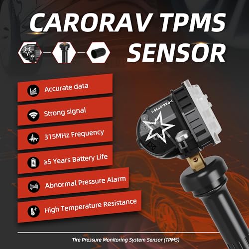 CARORAV TPMS Sensor GM,Tire Pressure Monitoring System fit for GM Buick Chevy Silverado Cadillac GMC,315MHZ OE Replaces#13598771,13598772,13586335,13581558,4-Pack