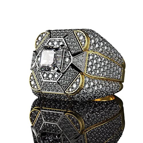 Ssjewel Full Iced Out 2.50 Ct Asscher Cut Diamond Two Tone Micro Pave Men's Statement Rings 14K Yellow Gold Plated 925 Sterling Silver Handmade Sparkling Striking Ring Customized Cocktail Gift For Him #TOP30