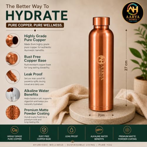Image of Pure Plain Copper Water Bottle (950ml) | BPA-Free | Leak Proof | High-Grade Pure Copper | Anti Oxidant Properties | Ayurveda Inspired | Drinking Bottle For Home, Office & Gym | PURE LIVING