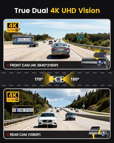 Image of GKU Dash Cam Front and Rear Camera - 4K+1080P Dual Dash Camera for Cars with 64GB SD Card, 5GHz WiFi & App Control, Night Vision, Parking Mode, G-Sensor, Loop Recording, WDR, 170 Wide Angle (D600-IN)