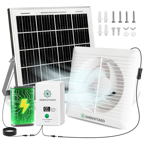 SHENVITASO - Kit de extractor de energía solar, ventilador de ventilación de 25 W de 8 pulgadas con batería de 7500...