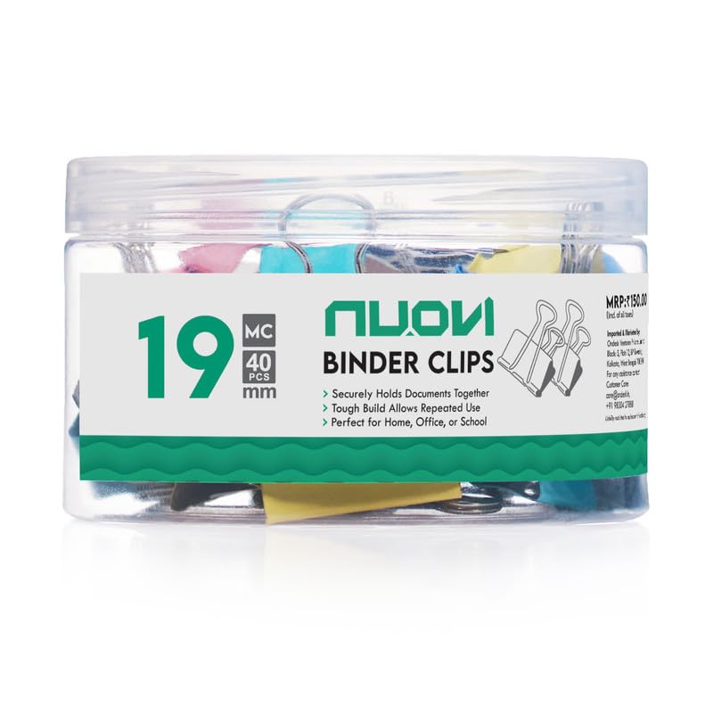NUOVI 19mm Binder Clips-Multicolor | Made of Tempered Steel, Durable & Rust-Resistant | Perfect for Holding Loose Papers | Ideal for School, Office & Home (Pack of 40) 1