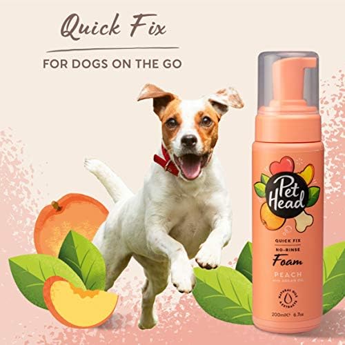 PET HEAD Dog Grooming Deodoriser Foam 200ml, Quick Fix No Rinse, Peach Scent, Best Dry & Waterless Dog Shampoo for Smelly Dogs, Nourishes and Softens Pet Coat & Skin, Vegan, Gentle Formula for Puppies