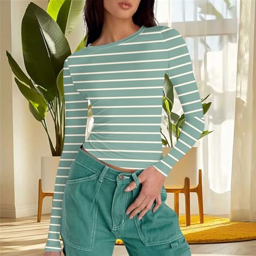 T Shirt for Women Summer Fall Long Sleeve Boat Neck Tight Baby Tees Striped Tops Shirts Women 20253