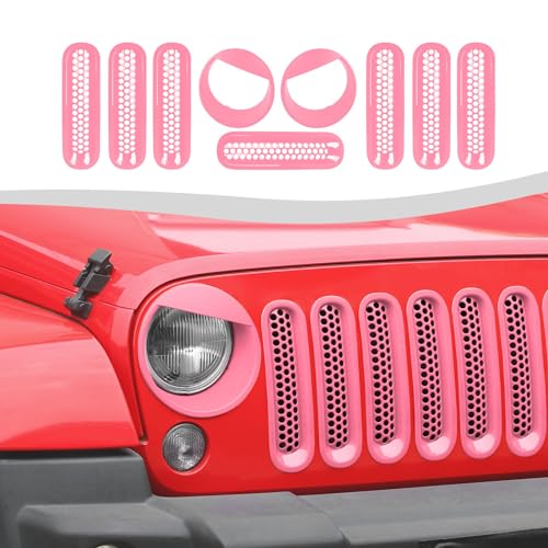 Image of Mesh Grille Grill Insert+Headlight Turn Light Cover Trim Fit for 2007-2018 Jeep Wrangler JK JKU(Pink,Style A)