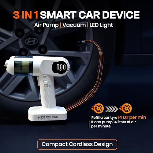 Image of MEGAAUDIO MATI07 3-in-1 Cordless Car Vacuum Cleaner & Tire Inflator, Portable 12V Air Compressor Pump for Car, Bike & Balls, 100 PSI Max Pressure, 60W High Suction Handheld Vacuum with LED Light