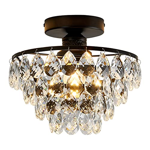 VCJYXZC Modern Crystal Chandelier Semi Flush Mount Ceiling Light Fixture E26 Small Ceiling Lamp for Closet Bathroom Bedroom Hallway Living Room Foyer（Black）