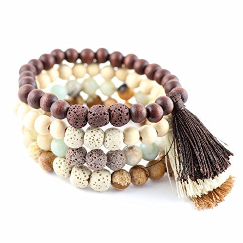 New Natural Lava Rock Stone Essential Oil Diffuser Tassel Bracelets for Aromatherapy | FIRST AID rescue aroma Friendship Tibetan Prayer Beaded (4 Pcs Set -Calm Within- Brown Beige, 17)