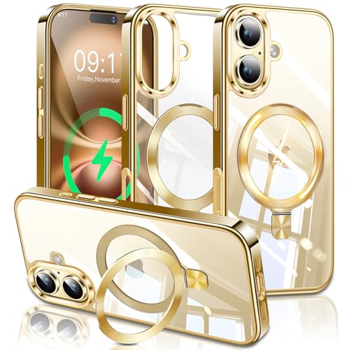 Image of ESTPEAK Titanium Gold CD Mag-Stand Case for iPhone 16 Case with Invisible Magnetic Ring, [Fit for MagSafe] [Never Yellowing] Top Clear Phone Case Cover for iPhone 16 6.1 inch Men Women, Gold