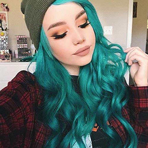AISI HAIR Long Big Wavy Wig with Bangs Mix Color Custom Cosplay Halloween Party Wigs Synthetic Heat Resistant Hair (LakeBlue Mixed Color, 20 Inches)