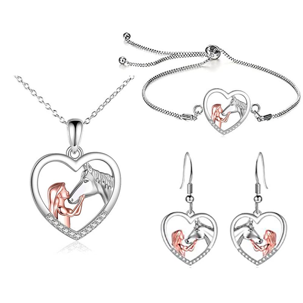 TOFBS Collar de Niña y Caballo Pendientes y pulsera Conjuntos de Joyas Plata Corazón Colgante Collar Juego de Joyas para Mujer y Niñas Novia Esposa Mamá Hija Amante de los caballos