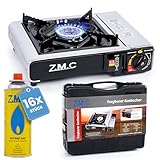 Z.M.C Edelstahl Gaskocher 1-flammig + Aufbewahrungskoffer + 16x Gaskartuschen 227g, Campingkocher für Outdoor und Innenraum, Campinggaskocher 2,2 kW, Balkon Tischgrill mit Piezozündung