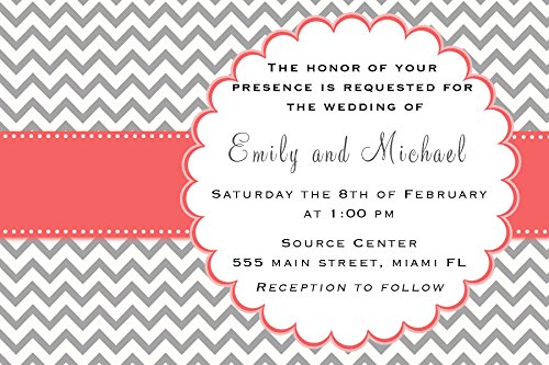 Coral Grey Chevron Zig Zag Invitations