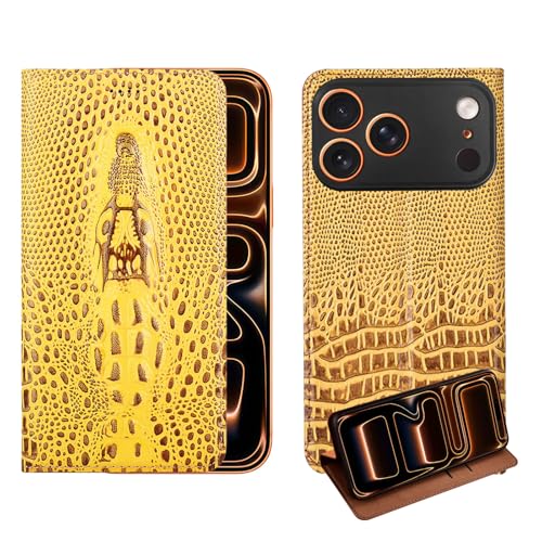 for iPhone 17 Air Case Real Genuine Leather Crocodile Pattern Business Crocodile Head Flip Case with Card Slots Full Body Screen