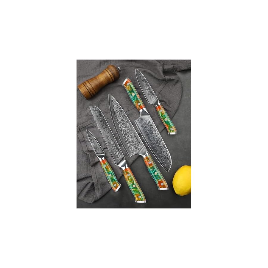 Chef-Cooking-Knives-Set-Kitchen-Knife-Set-of-5-Piece-Ultra-Sharp-VG10-Damascus-Steel-Resin-Handle-Xuan-Series-Fantasy-Orange SANMUZUO Chef Cooking Knives Set- Kitchen Knife Set of 5 Piece - Ultra-Sharp VG10 Damascus Steel & Resin Handle - Xuan Series (Fantasy Orange)