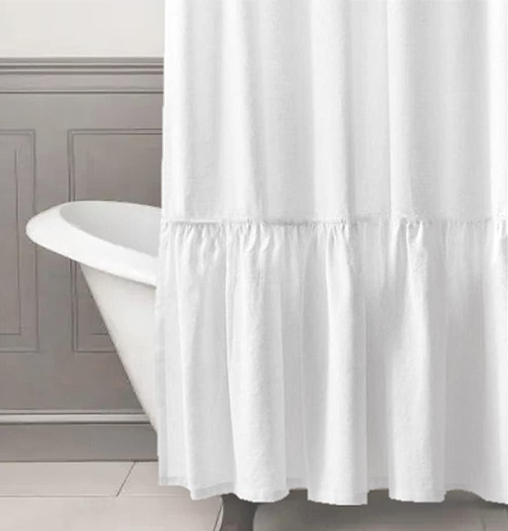 Felisa White Farmhouse Boho Shower Curtain with A Ruffle Hem, Linen Blend Shower Curtain for Bathroom,72"x72"