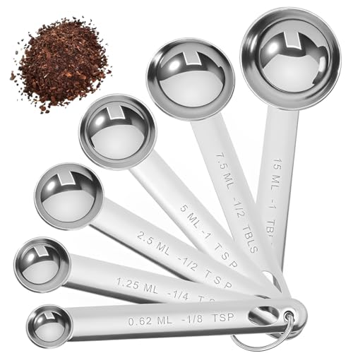 Cucharas Medidoras, Juego 6 Piezas,Espejo Redondo de Acero Inoxidable Pulido 1/8 TSP, 1/4 TSP, 1/2 TSP, 1 TSP, 1/2 TBLS y 1 TBLS Cucharas de medida para hornear (Plata)