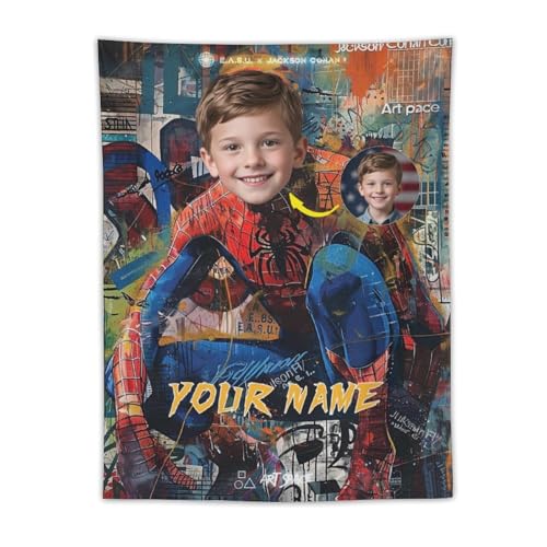 Adsbulu Personalized Superhero Blanket for Kids with Photo and Name - Custom Super Hero Throw Blankets for Boys Girls Birthday Christmas