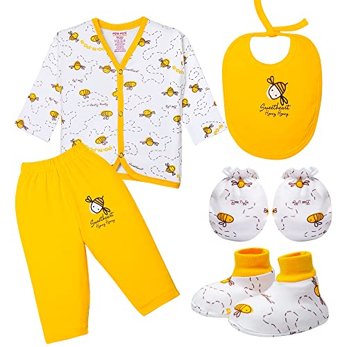 Pom Pom Sweethearts Unisex Hosiery Cotton Fullsleeves T-Shirt, Pyajama,1 Bib,1 Pair Mitten, 1 Pair Bootee, 1 Bonet Cap – 5Pcs Clothing Gift Set for New Born Baby (0-3 Months)