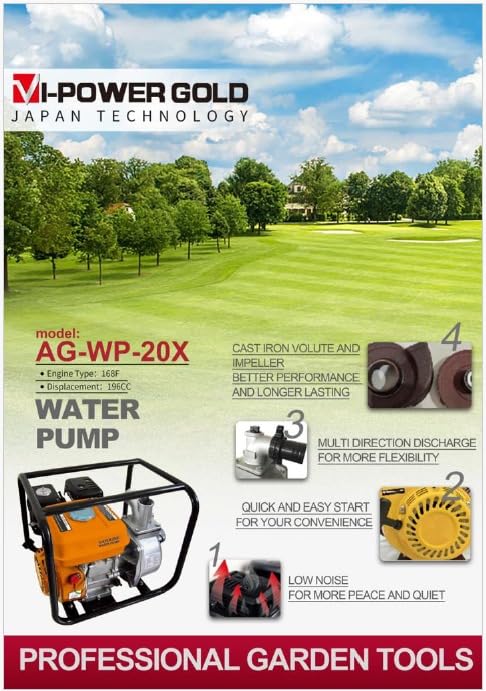 Image of VIPower Gold Gasoline Water Pump with 2-Stroke Engine, Portable High Flow Pump for Irrigation, Farm & Construction (2 Inch)