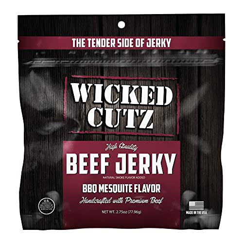 Image of Wicked Cutz BBQ Mesquite Beef Jerky, 21g Protein Per Bag, Tender & Easy to Chew Alternative to Beef Sticks, USA Made High Protein Carnivore Snacks (2 Bags)