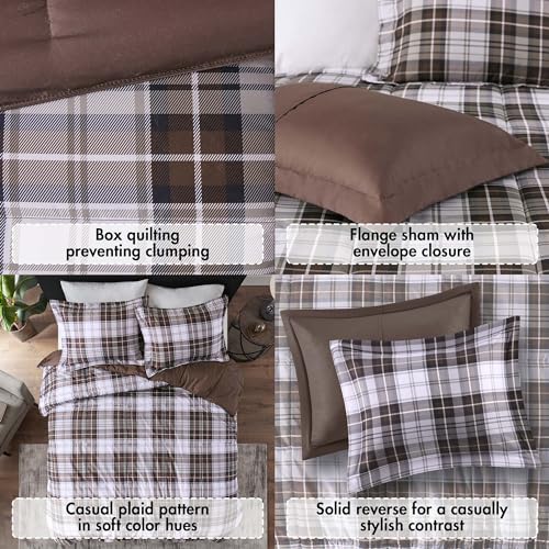 Image of Madison Park Essentials Parkston Plaid Comforter, Matching Sham, 3M Scotchguard Stain Release Cover, Hypoallergenic All Season Bedding-Set, Twin / Twin XL, Brown, 2 Piece