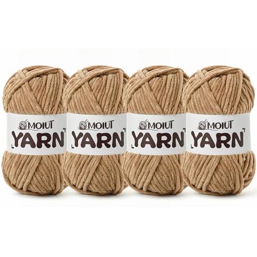 Image of 4 Packs Fluffy Chenille Yarn for Crocheting, Chunky Velvet Yarns for Crochet Amigurumi, Baby Yarn for Crocheting Soft Blanket, 349.9yds /14.1 oz Bulky Yarns for Crafts /Hats /Shoes /Socks (4 Deep Khaki)