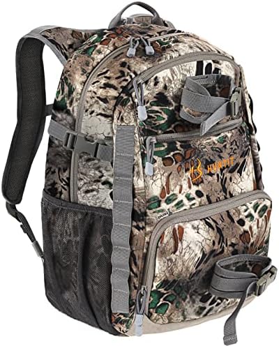 HUNTIT Hunting Backpack with Waterproof Rain Cover & Rifle Bow Holder, 28L Camo Hunting Day Pack for Bowhunting, Multi-purpose