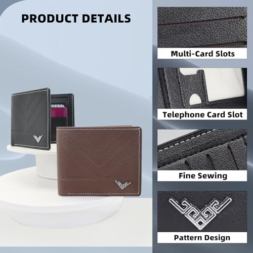 Mens Wallet, Flip Up Leather Wallets for Men with V-Shaped Pattern, Classical Credit Card Holder with Double-Layer Cash Compartments and 4 Card Slots (Brown)3