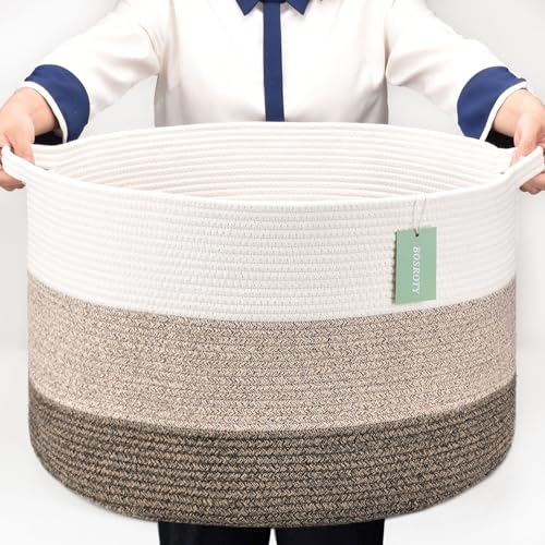 Image of Cotton Rope Blanket Basket, 87L Laundry Hamper, White & Ombre Brown | Collapsible Woven Nursery Hamper, Sturdy Handles for Clothes Toys Towels, Ideal for Living Room Bedroom Bathroom