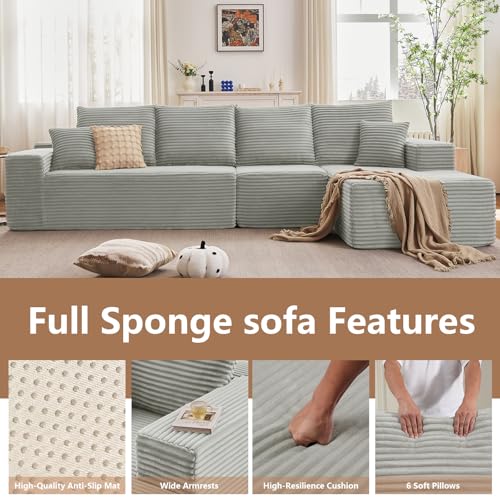 Image of 135.4 inch Modular Sectional Sofa, Modern Corduroy Cloud Couch with Deep Seat, Boneless Couch Upholstered 4-Seater L-Shaped Sofa for Living Room, No Assembly Required (Grey, Right-Facing Chaise)