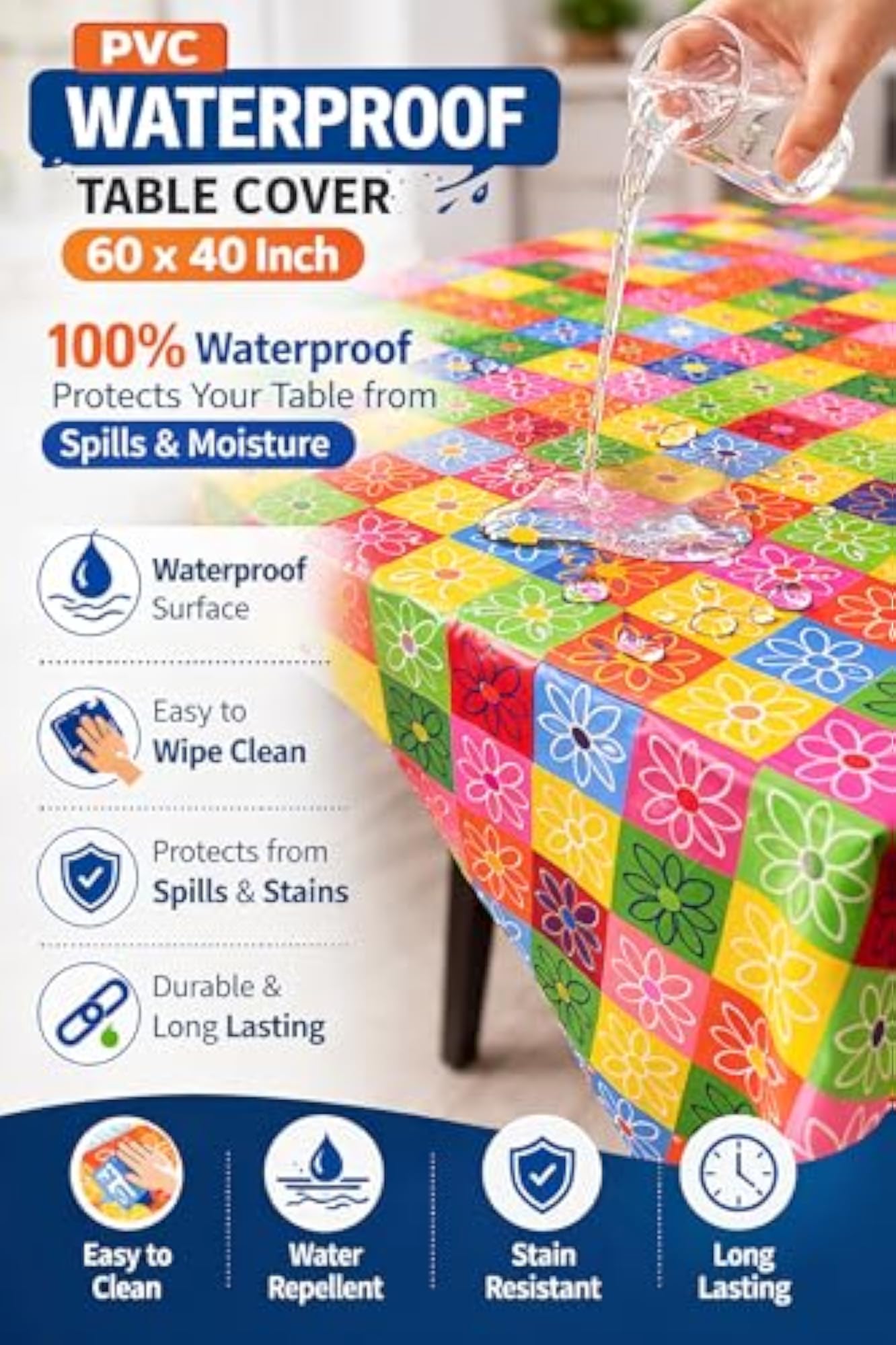 Floral Design Waterproof Center Table Cover for 4 Seater