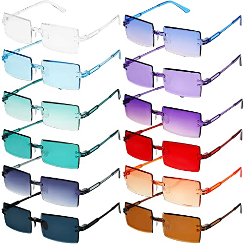 EBOOT 12 Pair Rimless Rectangle Glasses Square Y2k Sunglasses Vintage Eyewear for Women Men Retro Party Decors (Mixed Color)