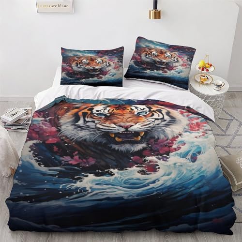 Housse de couette tigre 200x200 cm en microfibre de coton doux pour lit double