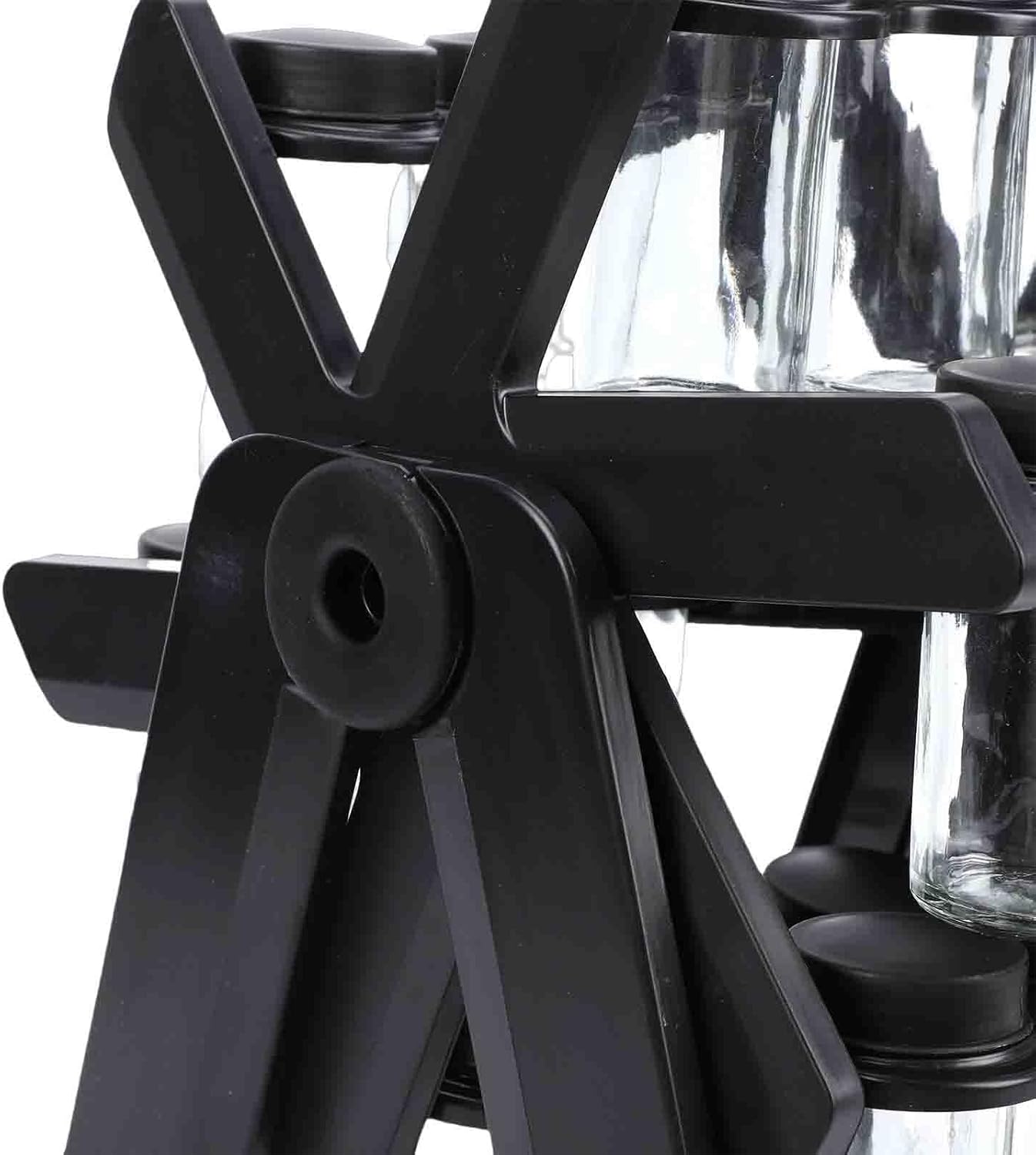 Rotating Condiment Rack Organizer, 18 Jar Glass Condiment Carousel Revolving Rack with Labels and Collapsible Funnel for Kitchen Countertop