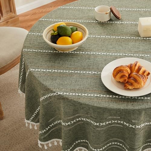 ZeeMart Hemstitched Embroidery Striped Boho Tablecloth 60 Inch Round Olive, Heavy Weight Farmhouse Burlap Linen Green Tablecloth, Wrinkle Resistant Washable Table Cloth for Round Table by ZeeMart - Used condition - US$27.75