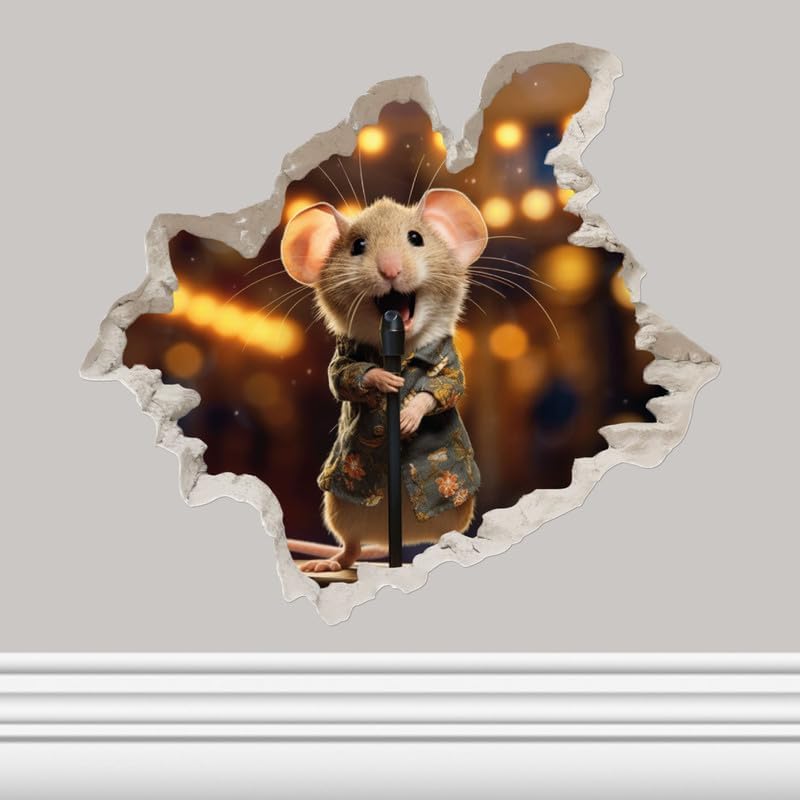 Calcomanía de pared 3D de ratón cantando en el agujero del ratón, decoración del hogar de dibujos animados, arte de vinilo, estantería, portátil,