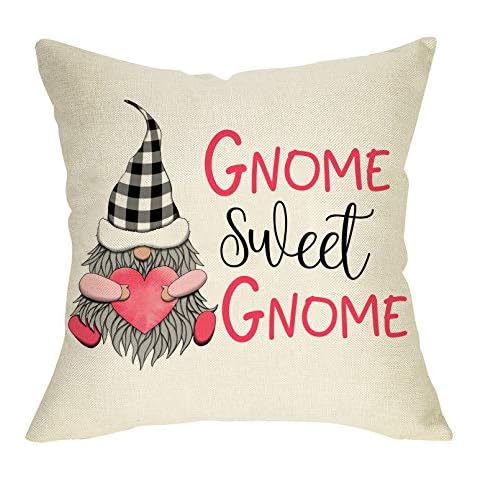 Softxpp Valentine’s Day Sweet Gnome Decorative Throw Pillow Cover, Buffalo Plaid Check Heart Sign Cushion Case, Spring Farmhouse Home Decorations Cotton Linen Pillowcase Decor for Sofa Couch 18 x 18 Cover