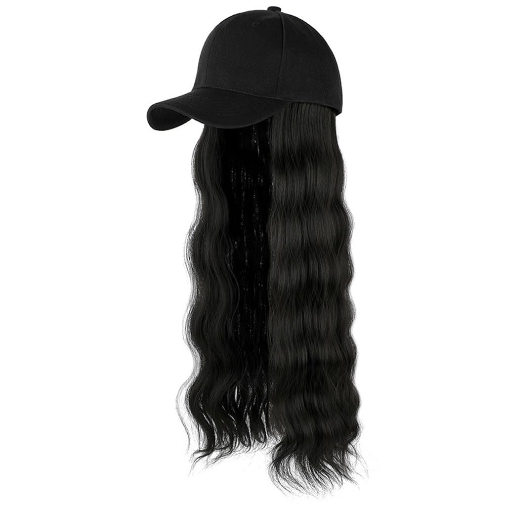 EERINESS Wig With Bangs Hat Wig Wig Hat Fashionable Natural Peaked Hat Women's Water Wave Long Curly Wig Hat Adjustable Wig Cap Hat with Hair Attached for Women (Color : A)