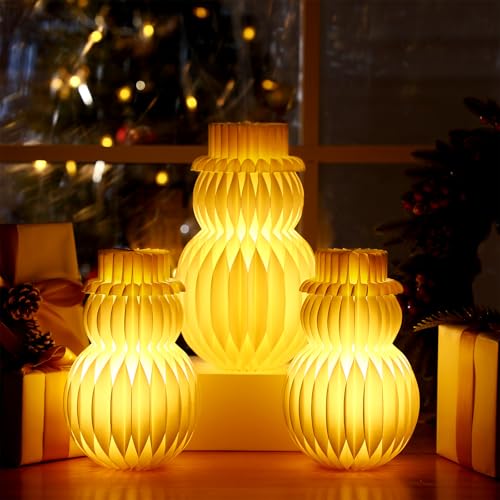 Glooglitter 3 Sets Large Paper Honeycomb Christmas Snowman Ornaments LED Lighted 3D Honeycomb Xmas Snowman Centerpiece with 3 Wooden Light Base Honeycomb Centerpieces for Holiday Ornaments