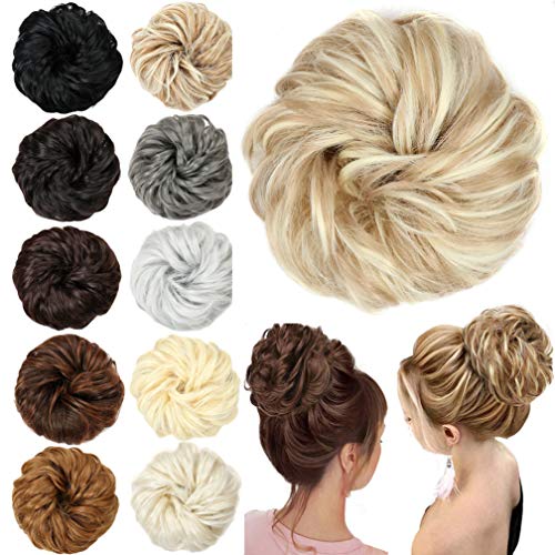 SHUOHAN Curly Messy Hair Bun Hair Scrunchies for Women Girls Hair Extensions Ponytail Light Brown Mix Beige Hair Buns Updo Hair Wrap Curly Wave Hairpieces (16H613#)