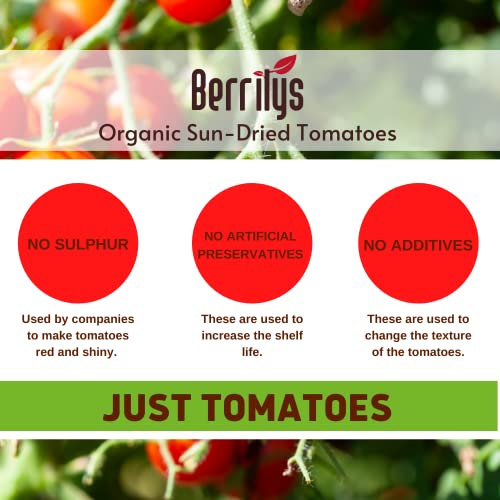 Image of Berrilys Organic Sun-Dried Tomatoes, Salted, No Sulfur, No Preservatives, Kosher, Raw, Non-GMO, Great Ingredient for Baking and Cooking, Requires Pre-treatment or Cooking Before Consumption, 5 LB