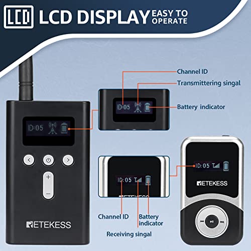Retekess T130S Whisper Tour Guide System, dispositivos de escucha asistida para iglesia, rango mejorado de 100m, 20 horas de standby, operación con una tecla, 1 transmisor 15 receptores miniatura 6