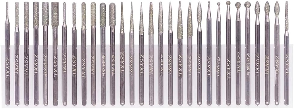 Wolfride 30Pcs Diamond Burr Set Diamond Drill Bit 2.35mm Shank for Gemstone, Sea Shell, Glass, Ceramic, Metal