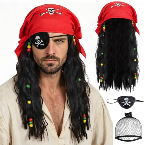JoneTing Long Black Wig for Men 51CM/20inches+ Hair Cap+Red Bandana+Captain Eyepatch Long Black Wig with Deadlocks Braids for Adult Captain Wigs with Deadlocks Costume for Halloween Christmas Party